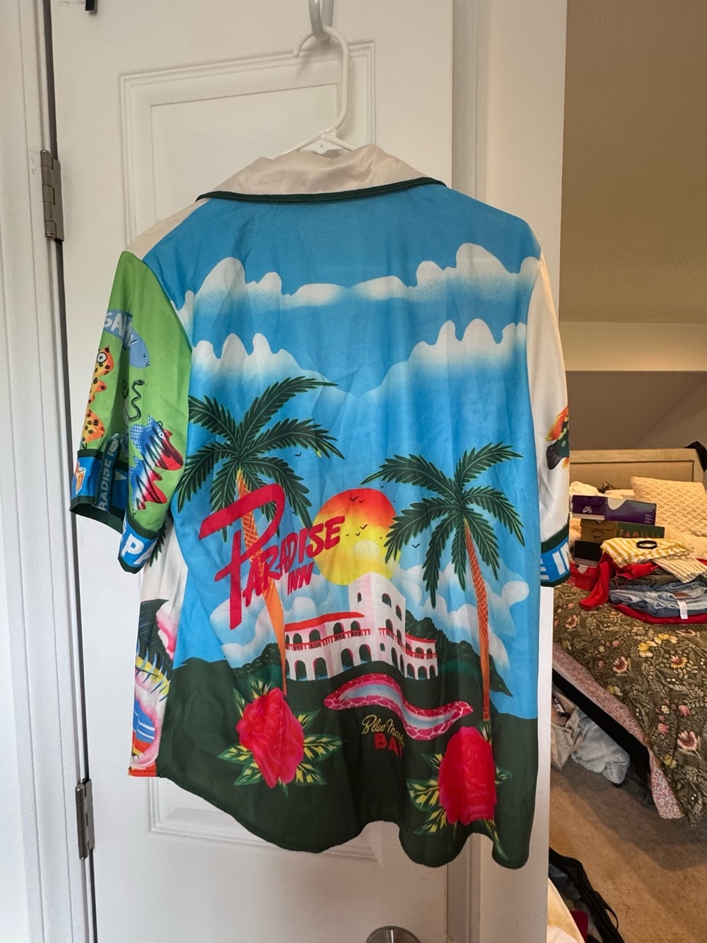 Silky Coral Bay Multi-Color Satin Tropical Button-Down Shirt - Picture 3 of 4
